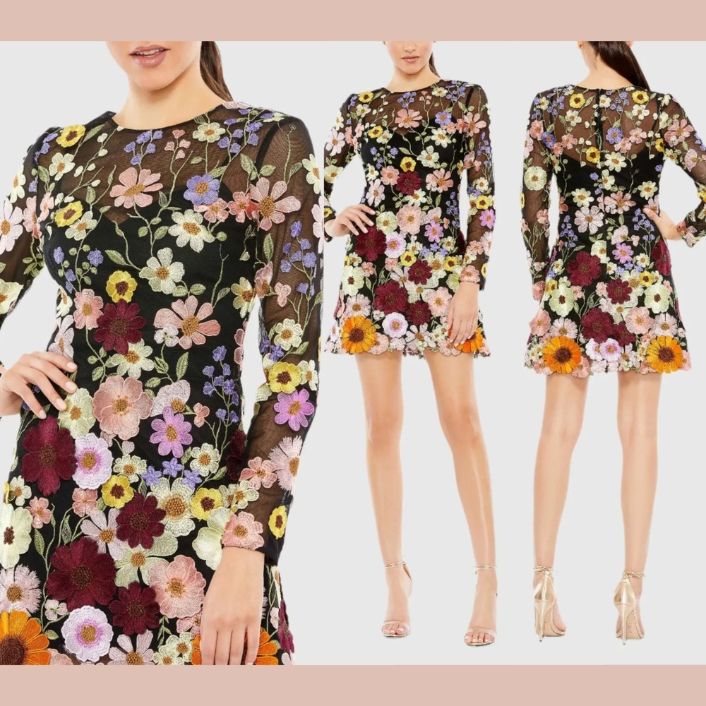 NEW Mac Duggal [ 2 ] Floral Embroidered Long‎ Sleeve Mini Dress #S2129